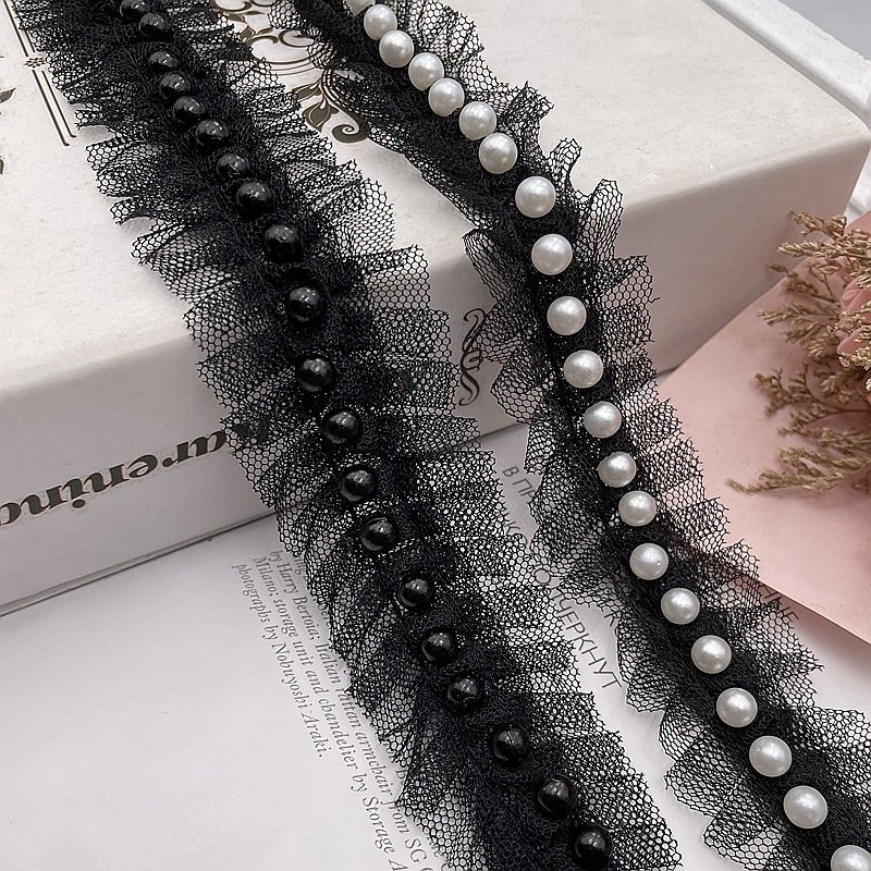 Made in China Fancy 3cm White Tulle Lace Trim with Pearl Embroidered French Style for Wedding Clothing & Accessories