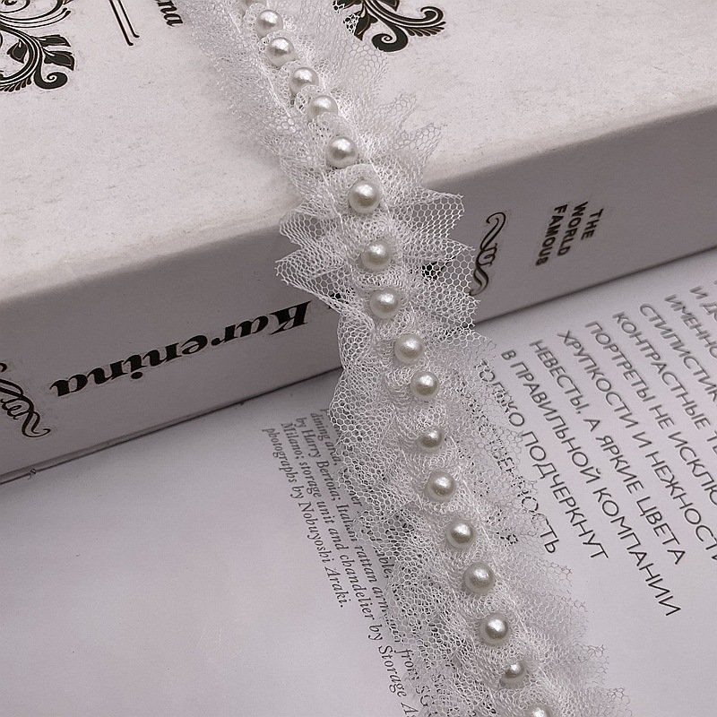 Made in China Fancy 3cm White Tulle Lace Trim with Pearl Embroidered French Style for Wedding Clothing & Accessories