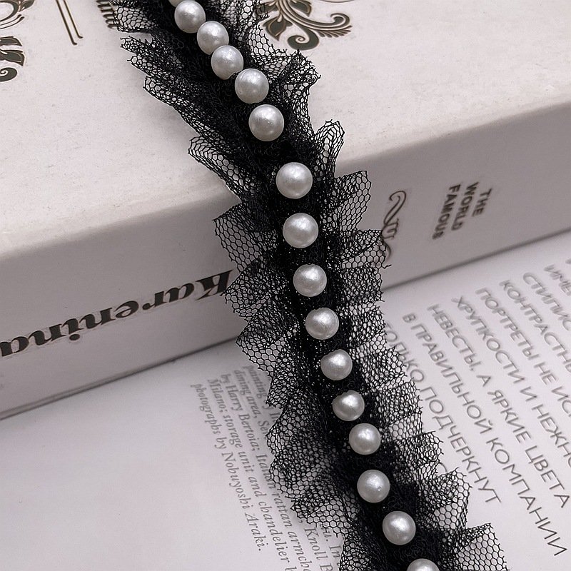 Made in China Fancy 3cm White Tulle Lace Trim with Pearl Embroidered French Style for Wedding Clothing & Accessories
