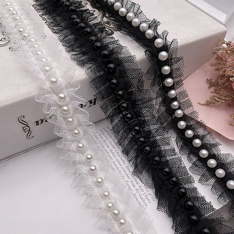 Made in China Fancy 3cm White Tulle Lace Trim with Pearl Embroidered French Style for Wedding Clothing & Accessories