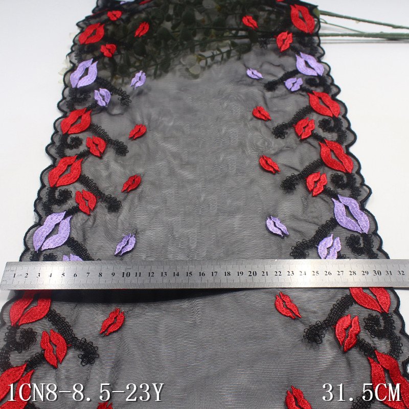 Sexy Lingerie 31cm black bistratal Mesh Embroidered Tulle Lace fabric Red Lip Shape Embroidery Lace trim for Women Underwear