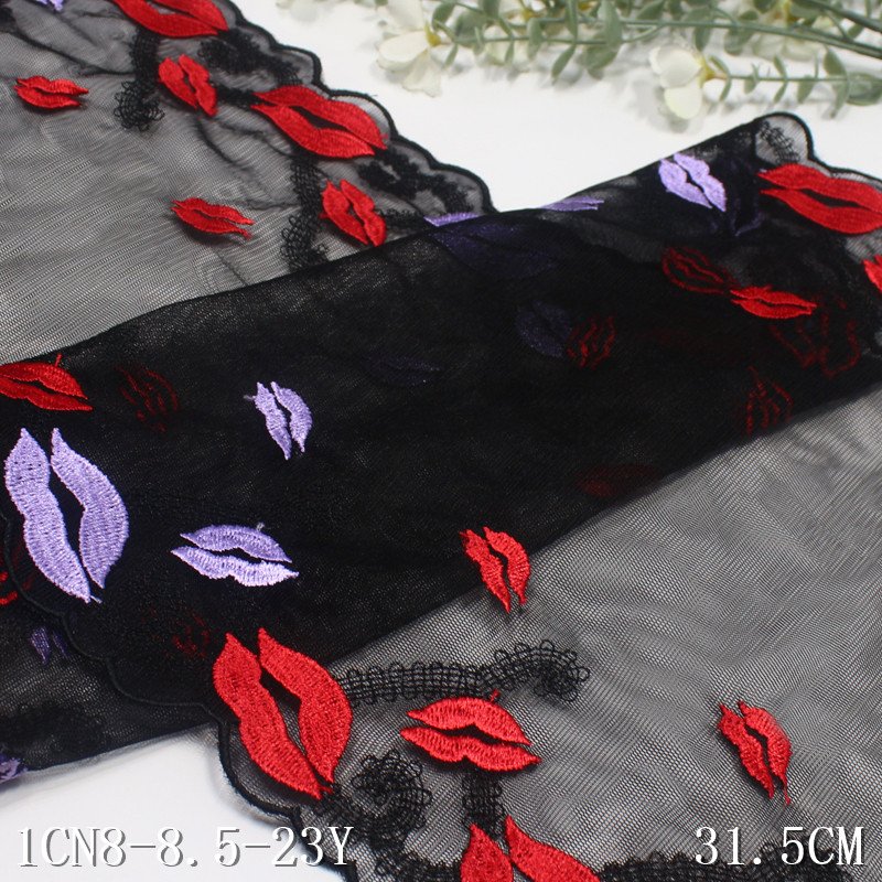 Sexy Lingerie 31cm black bistratal Mesh Embroidered Tulle Lace fabric Red Lip Shape Embroidery Lace trim for Women Underwear