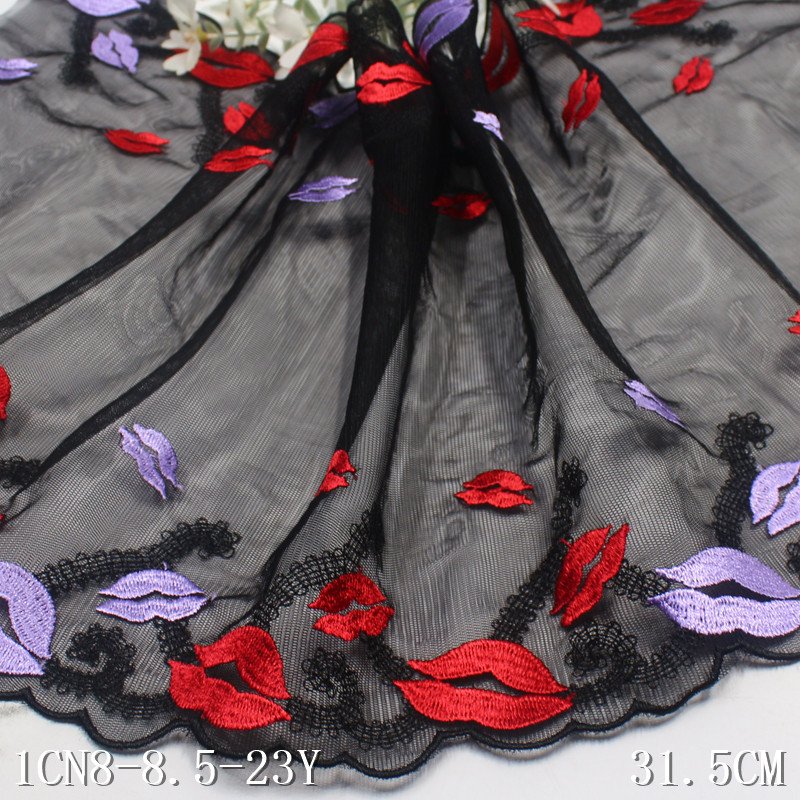 Sexy Lingerie 31cm black bistratal Mesh Embroidered Tulle Lace fabric Red Lip Shape Embroidery Lace trim for Women Underwear