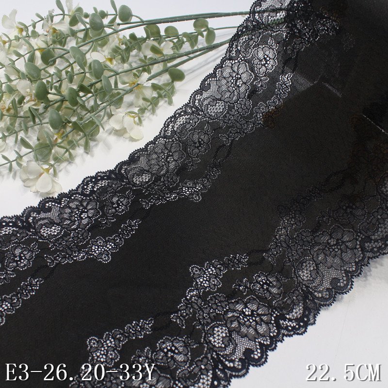 Factory Wholesale Stock French 22CM Wide Lace fabric black Spandex Lingerie Elastic Lace Trim floral stretch lace