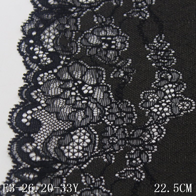 Factory Wholesale Stock French 22CM Wide Lace fabric black Spandex Lingerie Elastic Lace Trim floral stretch lace