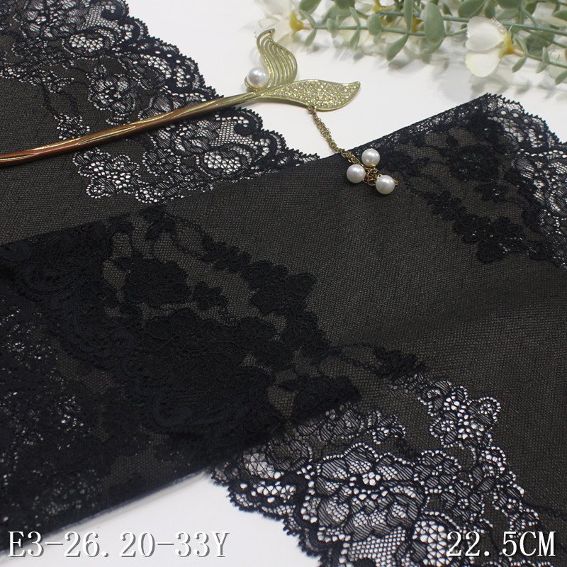 Factory Wholesale Stock French 22CM Wide Lace fabric black Spandex Lingerie Elastic Lace Trim floral stretch lace