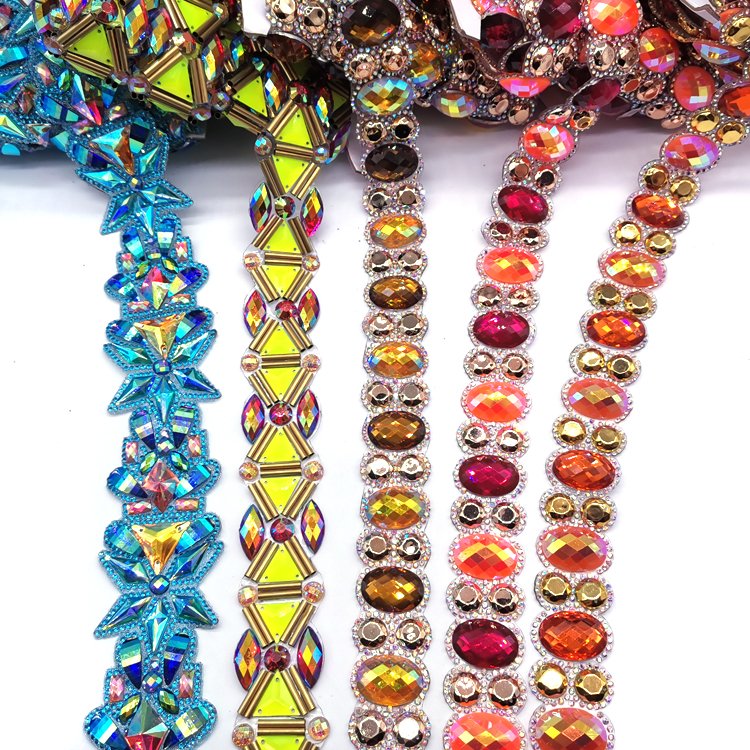 2025 Trinidad Carnival Costume Decoration Hot Fix Iridescent Resin Rhinestone Banding Flat Iron-On Resin Appliques Trim