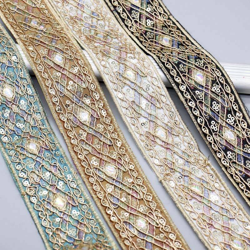 New Product Pastel Color Vintage Embroidery Sequins Lace Ribbon Boho Lace Trim