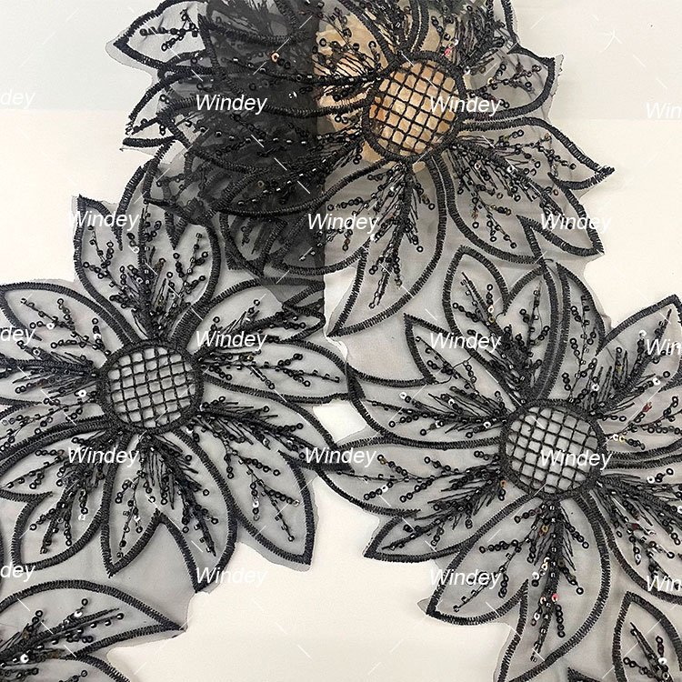 Luxury Customized Black Sequin Beaded Flower Embroidery Lace Trim Garment Accessories 15cm Border Lace Trimming For Dress