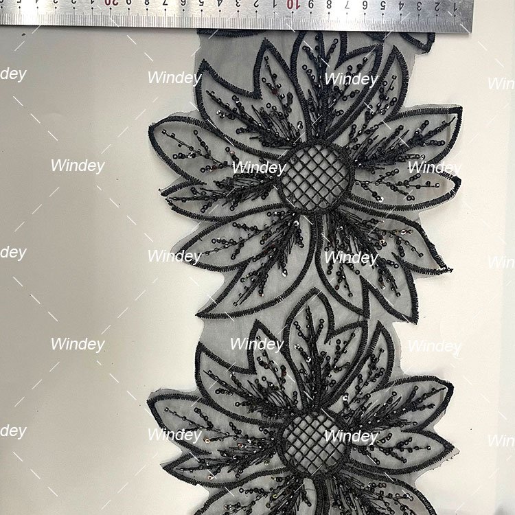 Luxury Customized Black Sequin Beaded Flower Embroidery Lace Trim Garment Accessories 15cm Border Lace Trimming For Dress