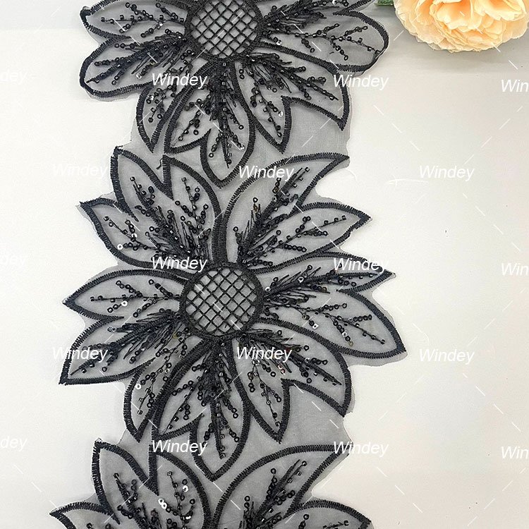Luxury Customized Black Sequin Beaded Flower Embroidery Lace Trim Garment Accessories 15cm Border Lace Trimming For Dress