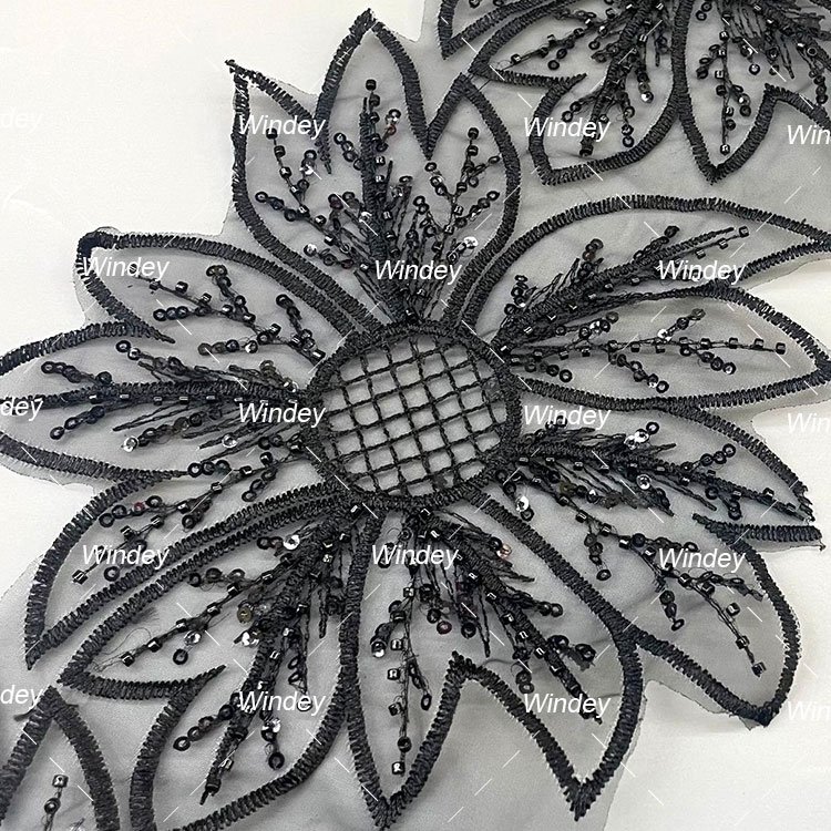 Luxury Customized Black Sequin Beaded Flower Embroidery Lace Trim Garment Accessories 15cm Border Lace Trimming For Dress