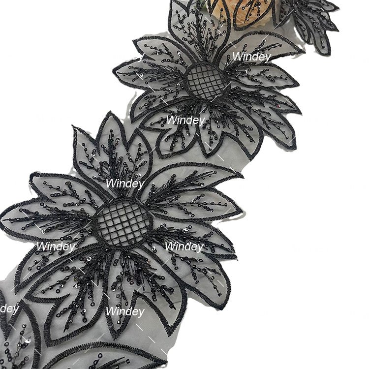 Luxury Customized Black Sequin Beaded Flower Embroidery Lace Trim Garment Accessories 15cm Border Lace Trimming For Dress
