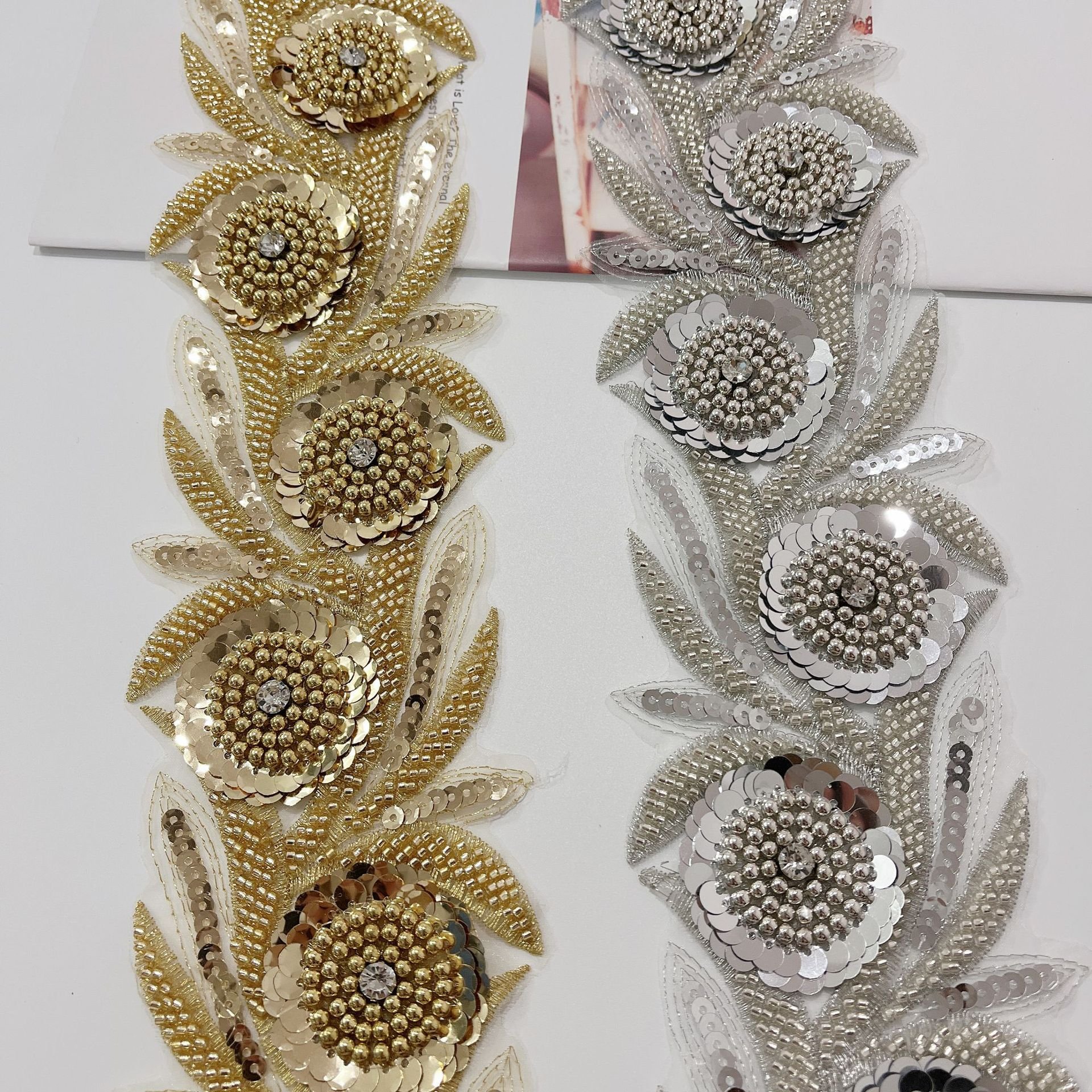 Applique lace gold Exquisite Rose Gold Floral rhinestone sequin seed bead lace Rose pattern Beaded Lace Trim for Bridal dress