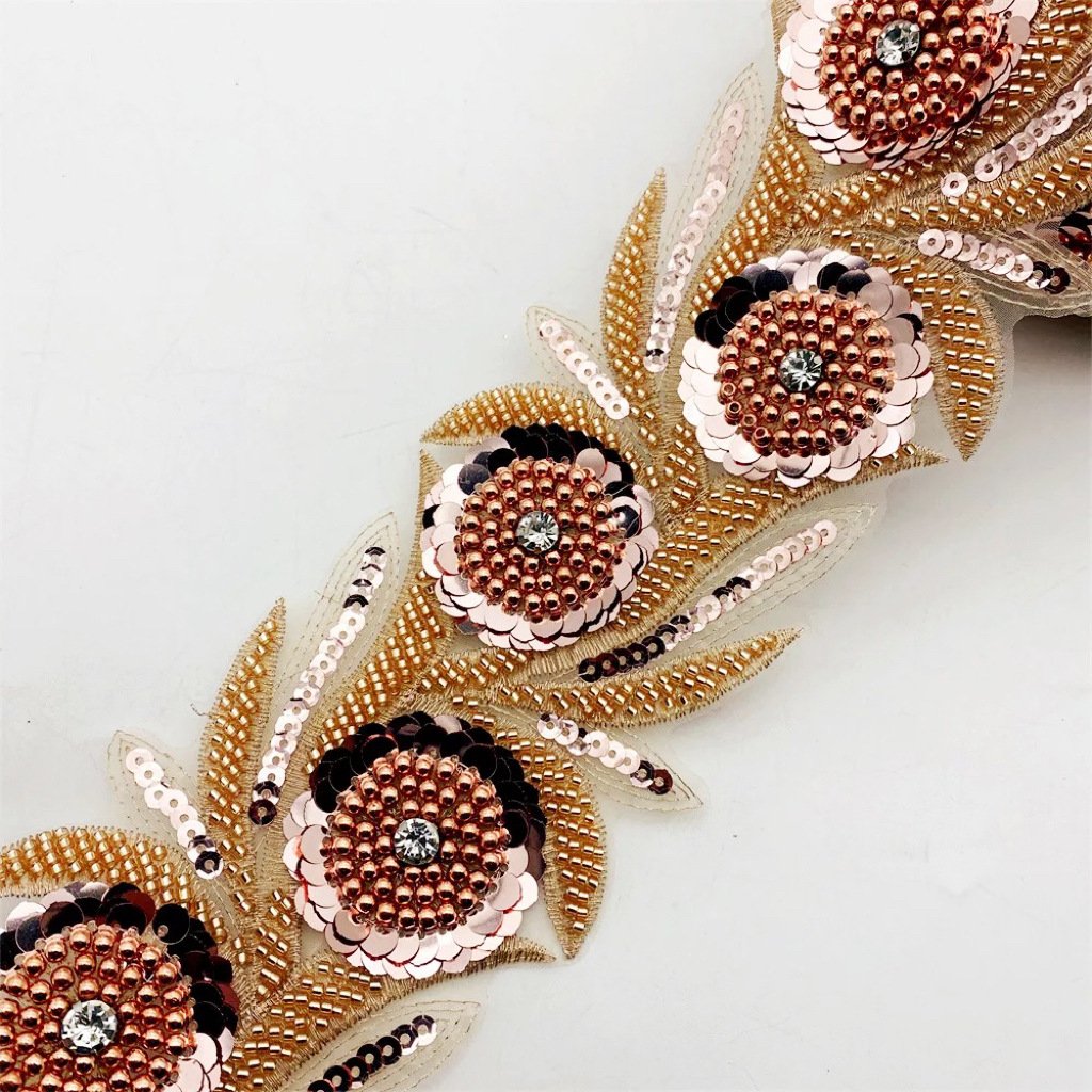 Applique lace gold Exquisite Rose Gold Floral rhinestone sequin seed bead lace Rose pattern Beaded Lace Trim for Bridal dress