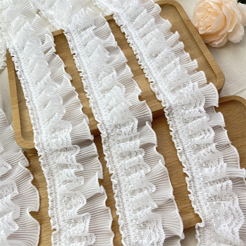 High Quality 6cm Elastic Pleated Chiffon Lace Trim Lolita Style Embroidery Fringe Skirt Collar Home Handcraft Decoration TS01