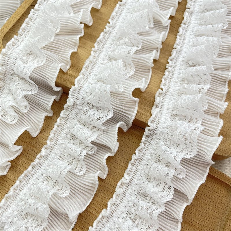 High Quality 6cm Elastic Pleated Chiffon Lace Trim Lolita Style Embroidery Fringe Skirt Collar Home Handcraft Decoration TS01
