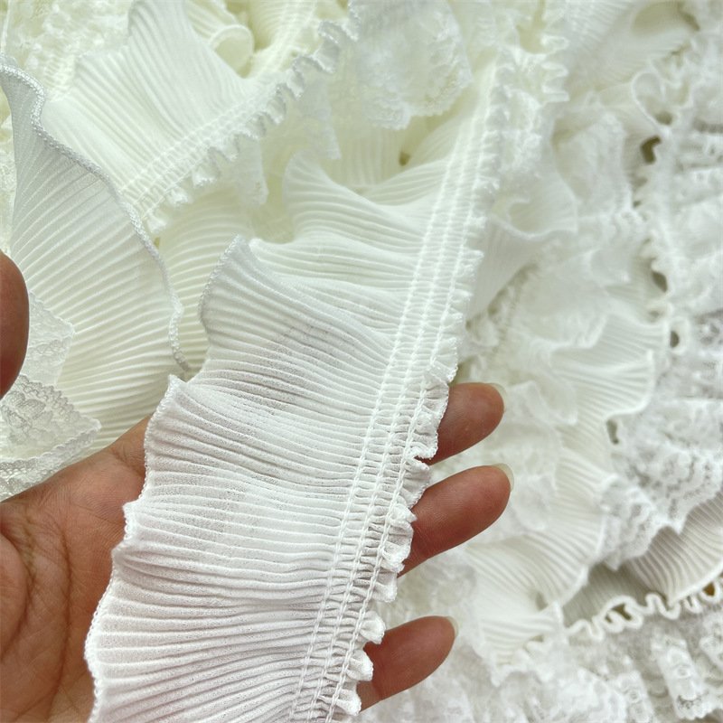 High Quality 6cm Elastic Pleated Chiffon Lace Trim Lolita Style Embroidery Fringe Skirt Collar Home Handcraft Decoration TS01