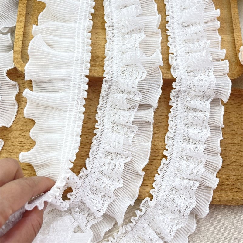 High Quality 6cm Elastic Pleated Chiffon Lace Trim Lolita Style Embroidery Fringe Skirt Collar Home Handcraft Decoration TS01
