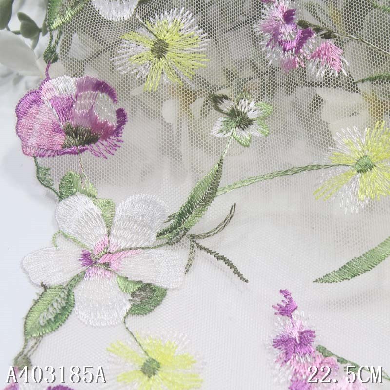 China Custom 23cm Embroidered Light Pink Tulle Lace Trim Colorful Flower Embroidery Net Lace Fabric