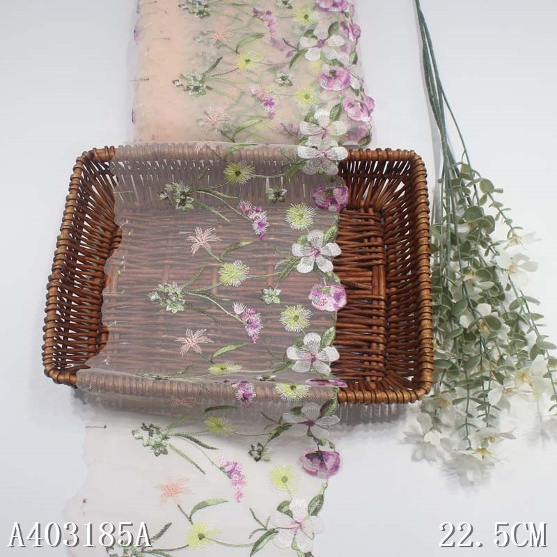 China Custom 23cm Embroidered Light Pink Tulle Lace Trim Colorful Flower Embroidery Net Lace Fabric