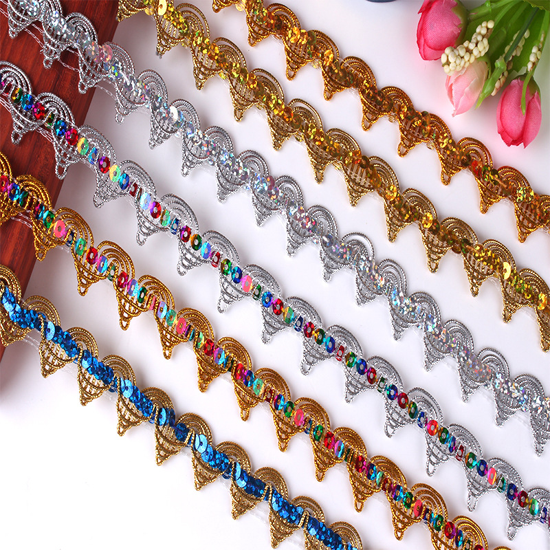 Clothing accessories Gold And Silver metallic border lace trim Gold sequins embroidery Tatting Lace Trim