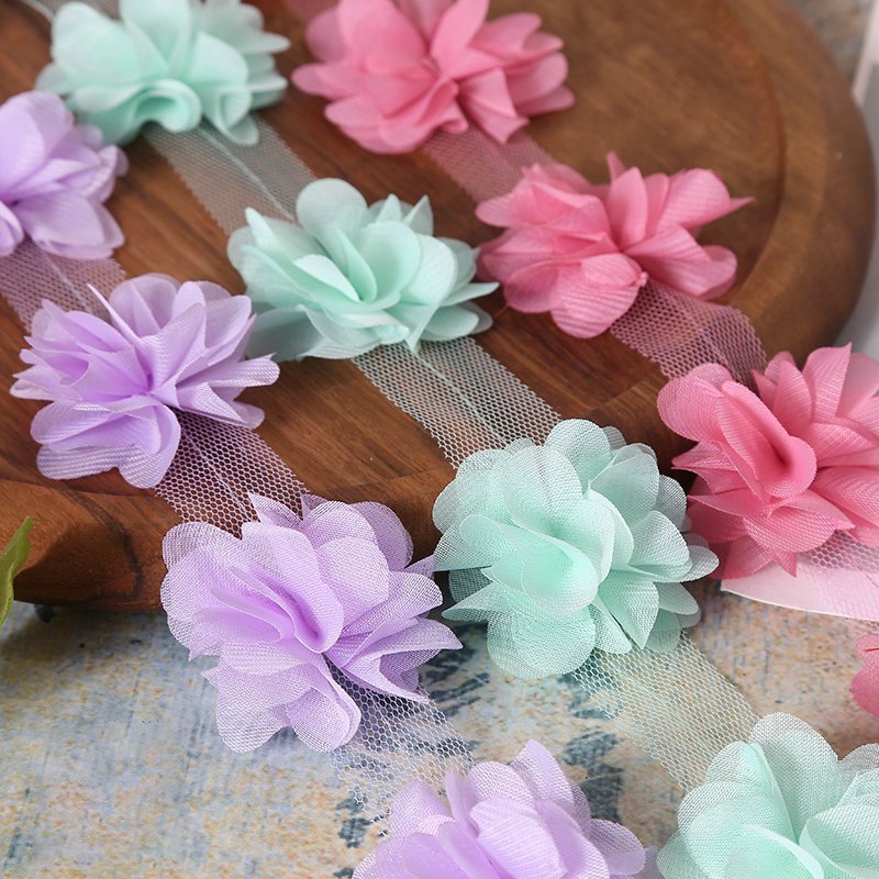 Fashion Flower Lace trim Multicolor Flower 3D Chiffon Embroidered Lace Ribbon For Dresses