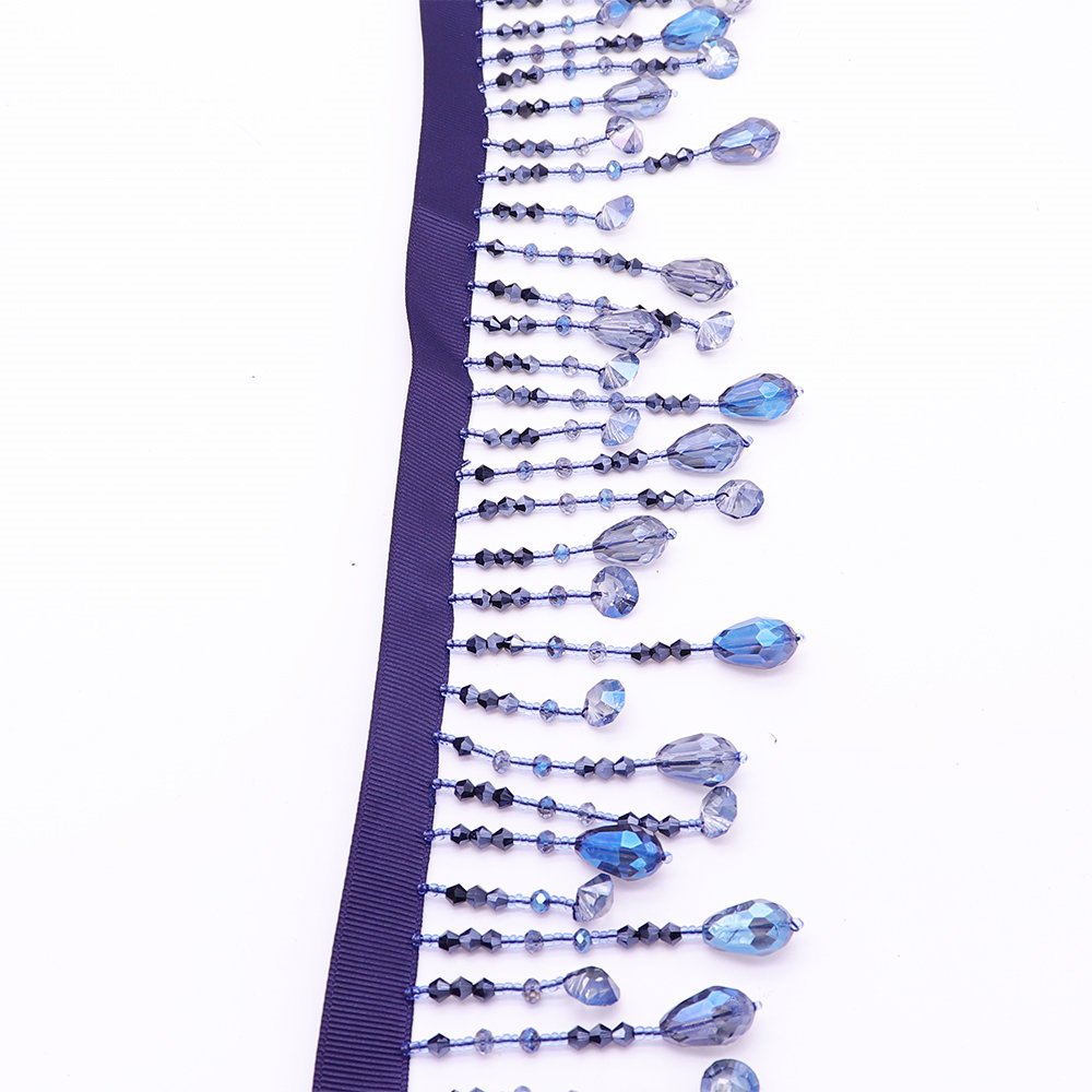 New Trending Best Designer Lace Trim Tassel Fringe Hand Sewing Shiny Blue Crystal Beaded Lace Trims