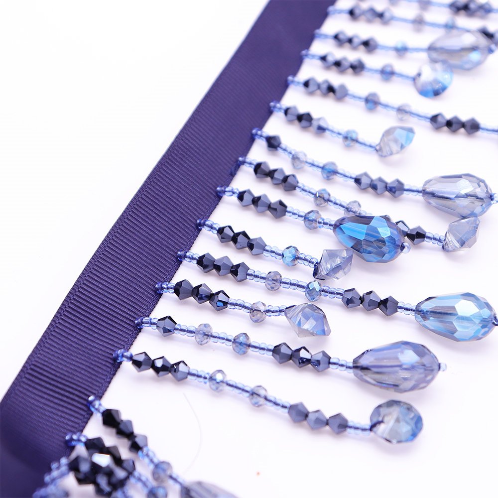 New Trending Best Designer Lace Trim Tassel Fringe Hand Sewing Shiny Blue Crystal Beaded Lace Trims