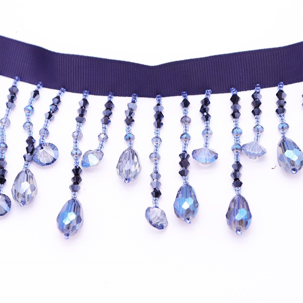 New Trending Best Designer Lace Trim Tassel Fringe Hand Sewing Shiny Blue Crystal Beaded Lace Trims