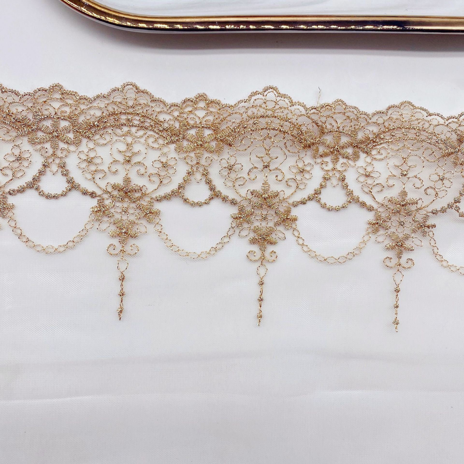 Width 15.3 cm Polyester gold silver Tulle Soft embroidery Lace trim Fabric 2 tones colors water soluble metallic lace For dress