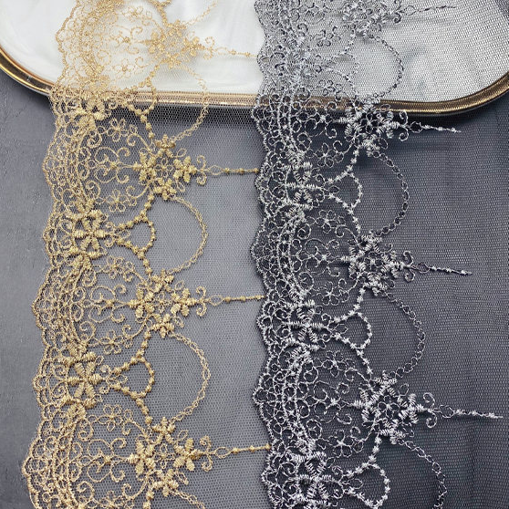 Width 15.3 cm Polyester gold silver Tulle Soft embroidery Lace trim Fabric 2 tones colors water soluble metallic lace For dress