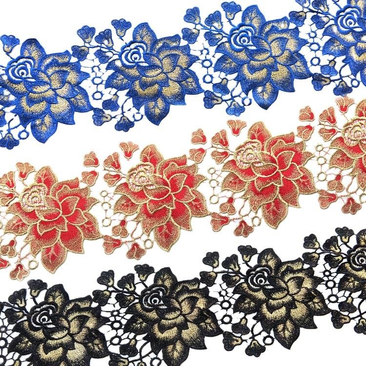 Wholesale fashionable and elegant sew embroidery hollow guipure lace trim for clothing dress Islamic veil decoration JB71