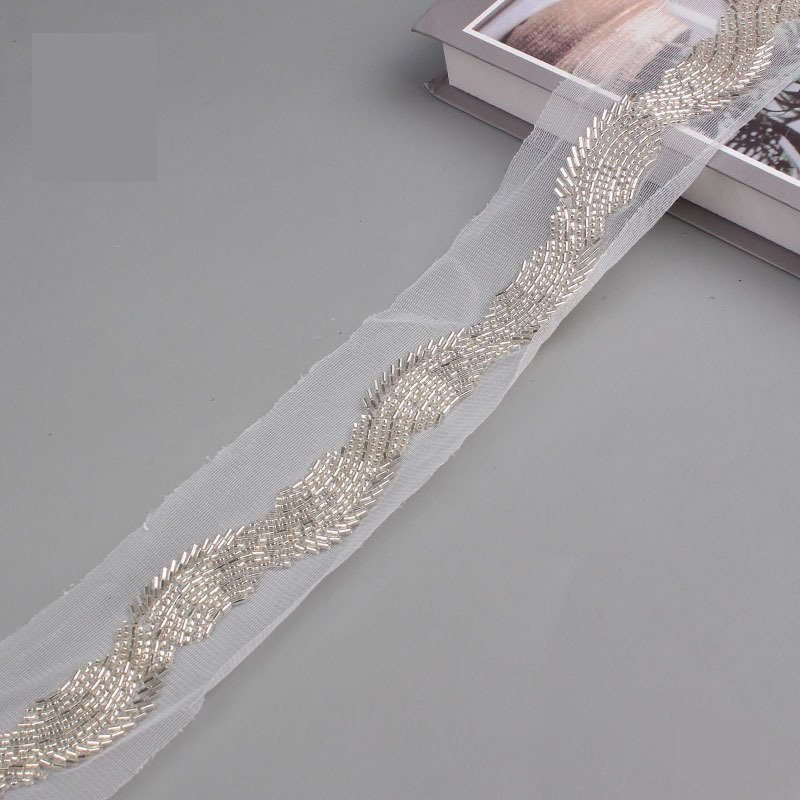 Hot Bead Embroidery Bar Code Mesh Machine Lace Wedding Dress Crystal Piece Clothing Accessories Lace Bead Edging