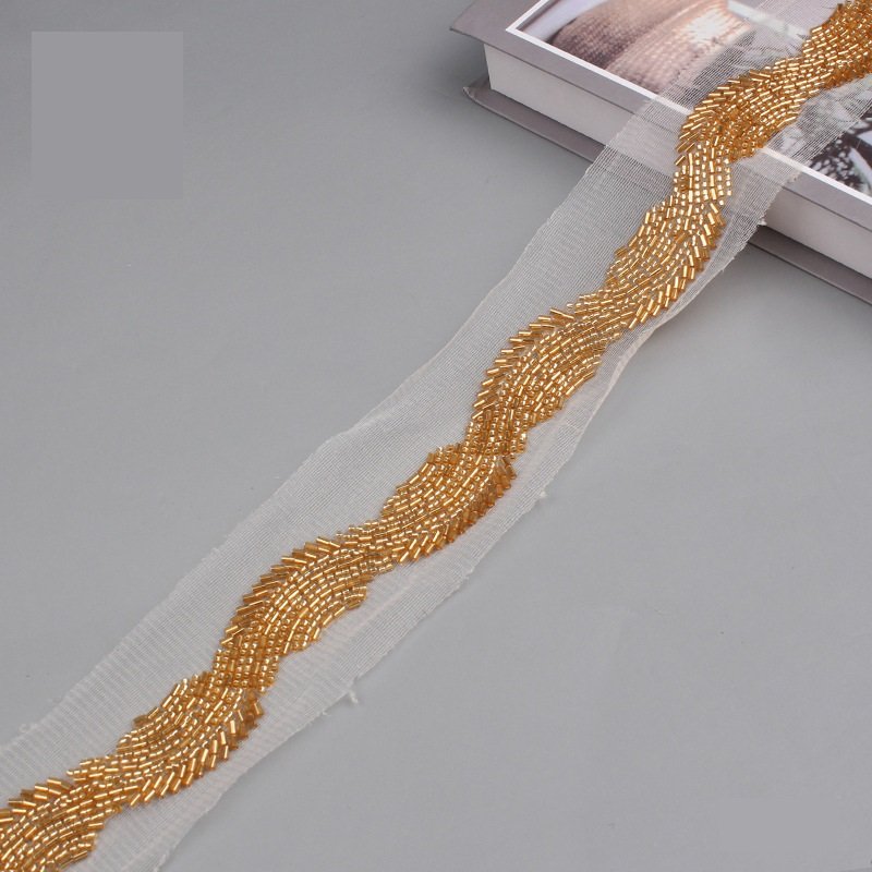 Hot Bead Embroidery Bar Code Mesh Machine Lace Wedding Dress Crystal Piece Clothing Accessories Lace Bead Edging