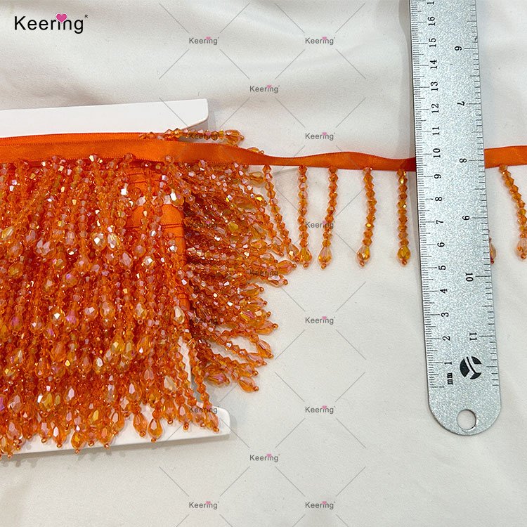 Keering Wholesale Fancy Beaded Fringes Bling Bling Handmade Sewing Orange Satin Trimming Tassel For Evening Dresses