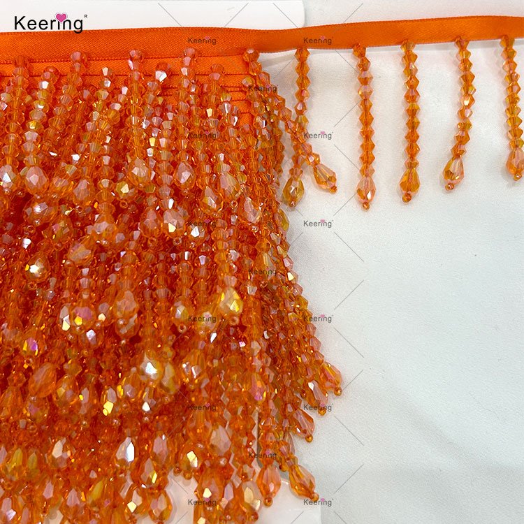 Keering Wholesale Fancy Beaded Fringes Bling Bling Handmade Sewing Orange Satin Trimming Tassel For Evening Dresses