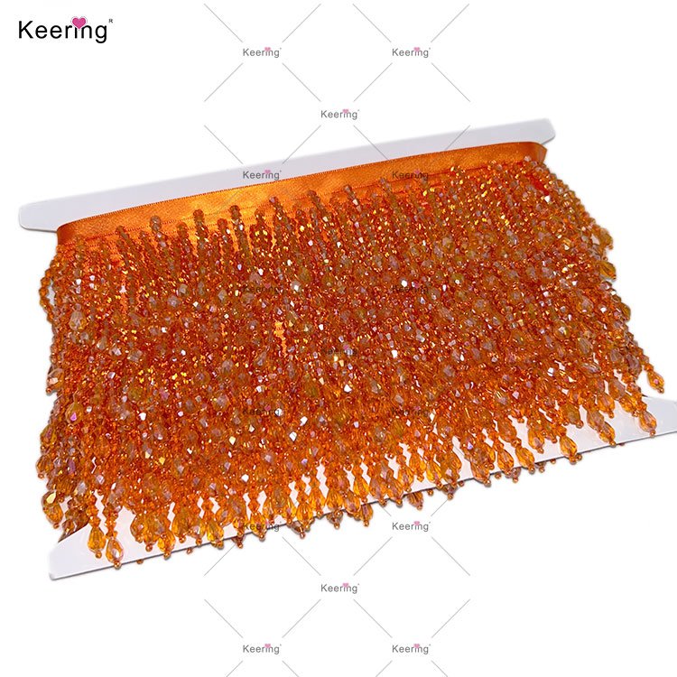 Keering Wholesale Fancy Beaded Fringes Bling Bling Handmade Sewing Orange Satin Trimming Tassel For Evening Dresses