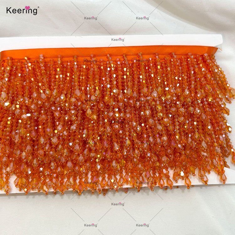 Keering Wholesale Fancy Beaded Fringes Bling Bling Handmade Sewing Orange Satin Trimming Tassel For Evening Dresses