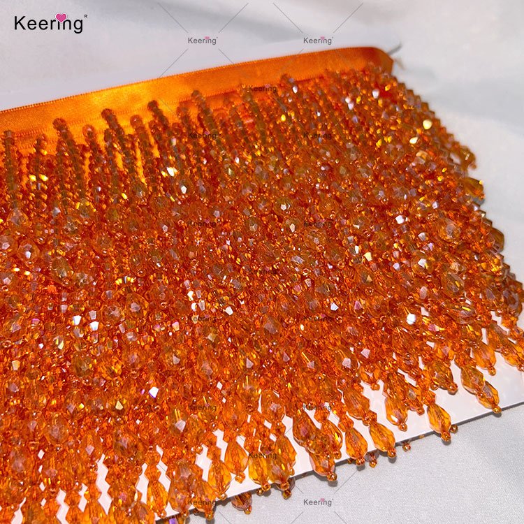 Keering Wholesale Fancy Beaded Fringes Bling Bling Handmade Sewing Orange Satin Trimming Tassel For Evening Dresses