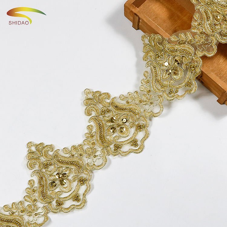 Latest Design 12.5cm 3d Decorate Lace Trim French Tulle Beaded Stone Bead Lace Trim Fabric For Party Address