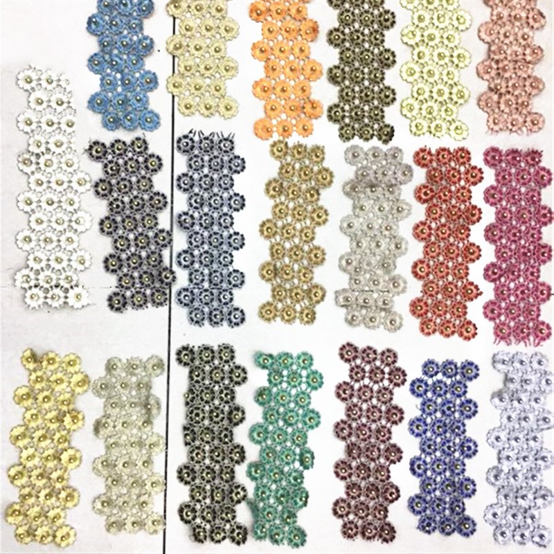 flower lace polyester 3D floral lace trim with pearl beads rhinestone trimming