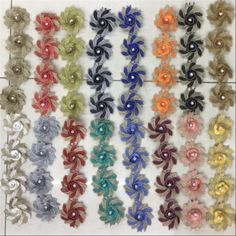 flower lace polyester 3D floral lace trim with pearl beads rhinestone trimming