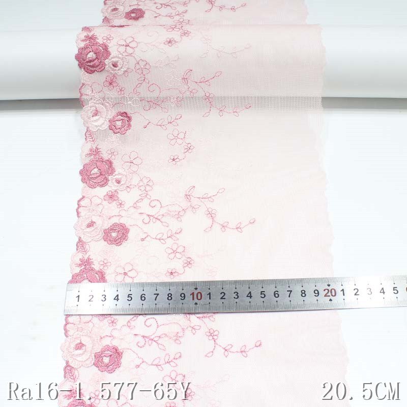 3D Floral Embroidery Lace Trimming 20cm Pink Mesh Lace Polyester Fabric for Bra