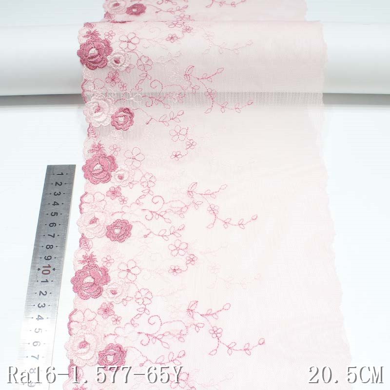 3D Floral Embroidery Lace Trimming 20cm Pink Mesh Lace Polyester Fabric for Bra