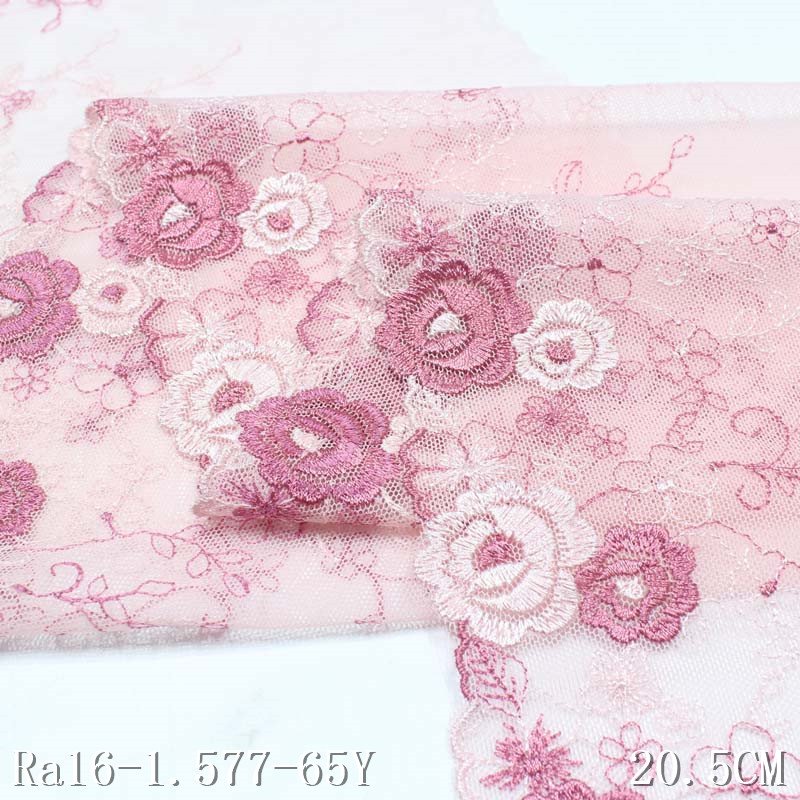 3D Floral Embroidery Lace Trimming 20cm Pink Mesh Lace Polyester Fabric for Bra