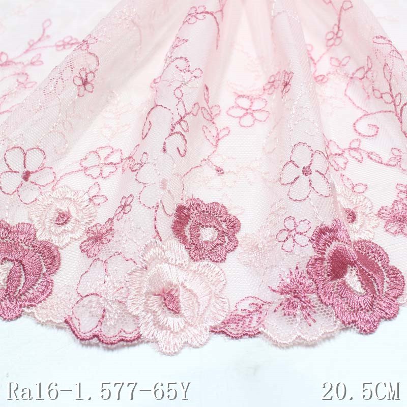 3D Floral Embroidery Lace Trimming 20cm Pink Mesh Lace Polyester Fabric for Bra