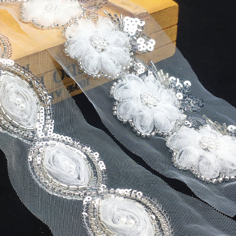 factory directly elegant 3D white embroidery mesh lace trim with sequin bead for Wedding Dress DIY Decoration Headwear clothing