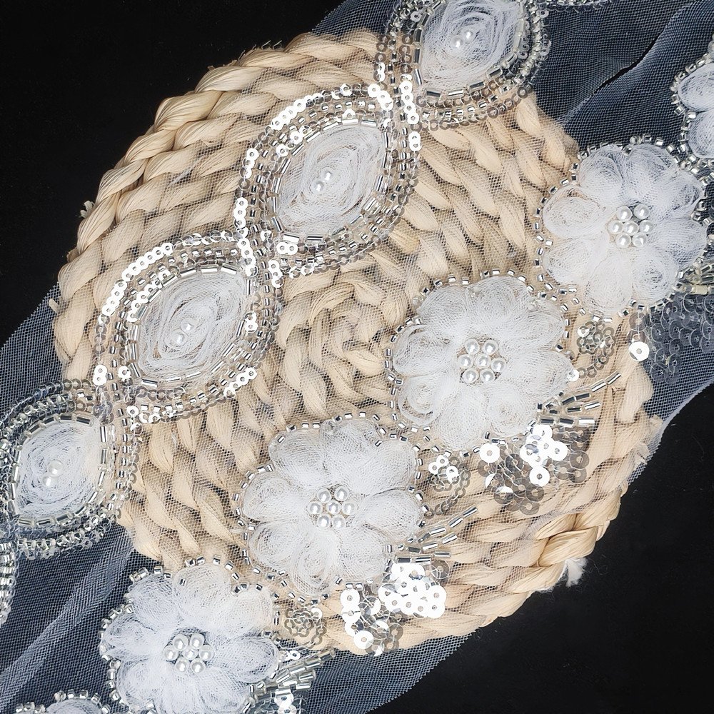factory directly elegant 3D white embroidery mesh lace trim with sequin bead for Wedding Dress DIY Decoration Headwear clothing