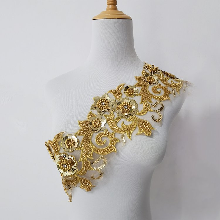 Flower Pattern Embroidered Gold Sequin Trim Clothing Accessories Trimming 3D Flower Sequin Lace Trim